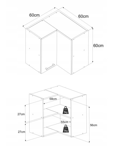 Szafka kuchenna wisząca górna narożna 60x60cm z 2 frontami Kaszmir | Meble kuchenne system EKO