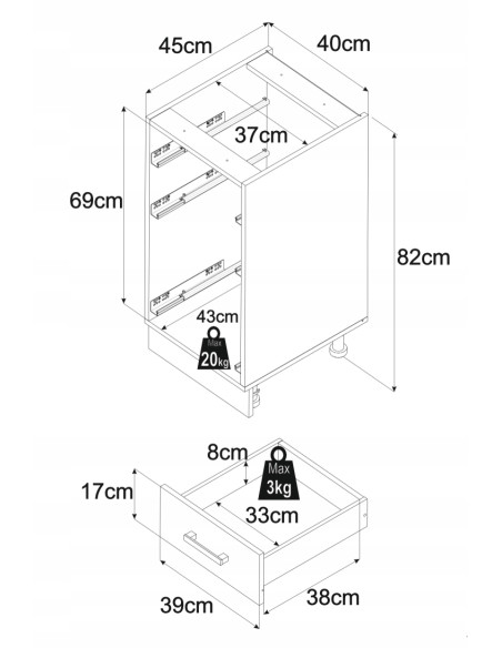Szafka kuchenna dolna stojąca 40 cm 3 szuflady Kaszmir | Meble kuchenne system EKO