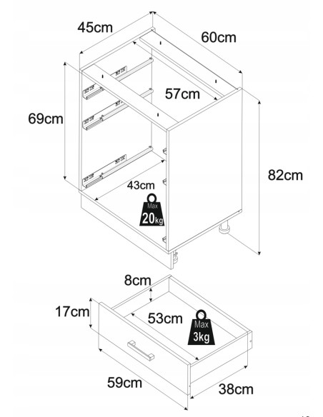 Szafka kuchenna dolna stojąca 60 cm 3 szuflady Dąb Wotan | Meble kuchenne system EKO