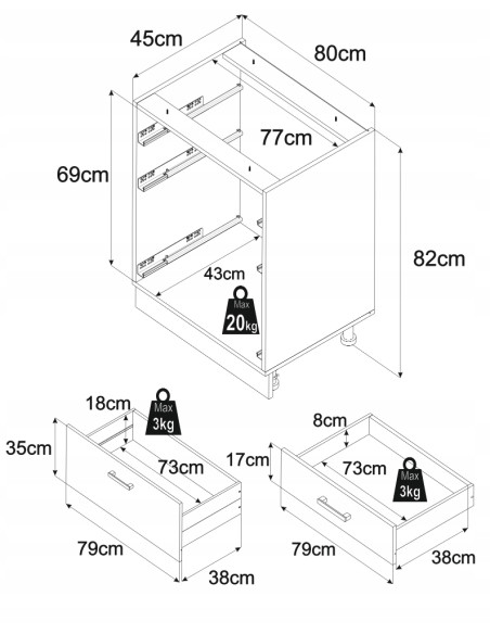 Szafka kuchenna dolna stojąca 80 cm 3 szuflady Kaszmir | Meble kuchenne system EKO