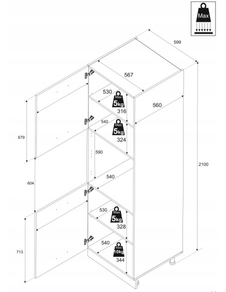 Szafka kuchenna dolna wysoka słupek gospodarczy słup 60 cm 3 fronty Dąb Wotan | Meble kuchenne system EKO