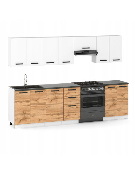 Meble kuchenne Zestaw mebli kuchennych Kuchnia Mediolan 280cm|szafka•regał•blat•aneks kuchenny•nowa kuchnia|Dąb Wotan/Biały 2,8m