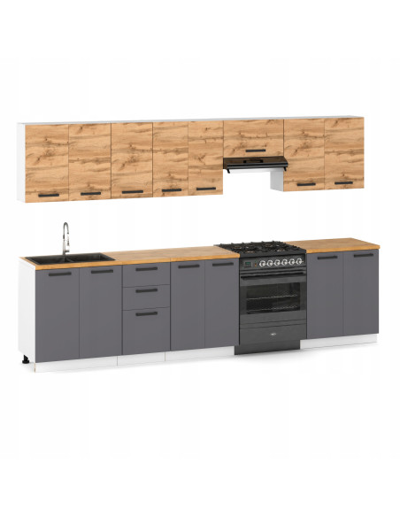 Meble kuchenne Zestaw mebli kuchennych Kuchnia Milan 320cm|szafka•regał•blat•aneks kuchenny•nowa kuchnia|Antracyt/Dąb Wotan 3,2m