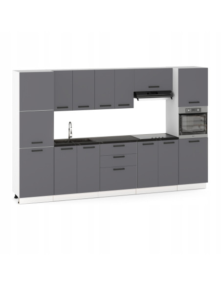 Meble kuchenne Zestaw mebli kuchennych Kuchnia Milan 320cm|szafka•blat•słupek piekarnikowy•słup gospodarczy•regał|Antracyt 3,2m