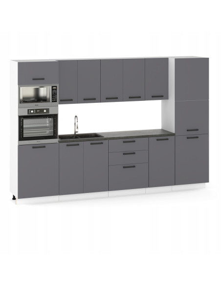 Meble kuchenne Zestaw mebli kuchennych Kuchnia Milan 300cm|szafka•blat•słupek piekarnikowy•słup gospodarczy•regał|Antracyt 3,0m