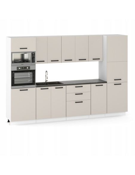 Meble kuchenne Zestaw mebli kuchennych Kuchnia Milan 300cm|szafka•blat•słupek piekarnikowy•słup gospodarczy•regał|Kaszmir 3,0m