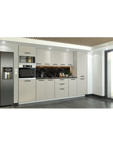 Meble kuchenne Zestaw mebli kuchennych Kuchnia Milan 300cm|szafka•blat•słupek piekarnikowy•słup gospodarczy•regał|Kaszmir 3,0m