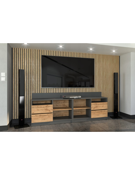 SZAFKA RTV 200 CM KOMODA STOJĄCA 4 SZUFLADY ZESTAW SZAFEK GRAFIT/DĄB WOTAN