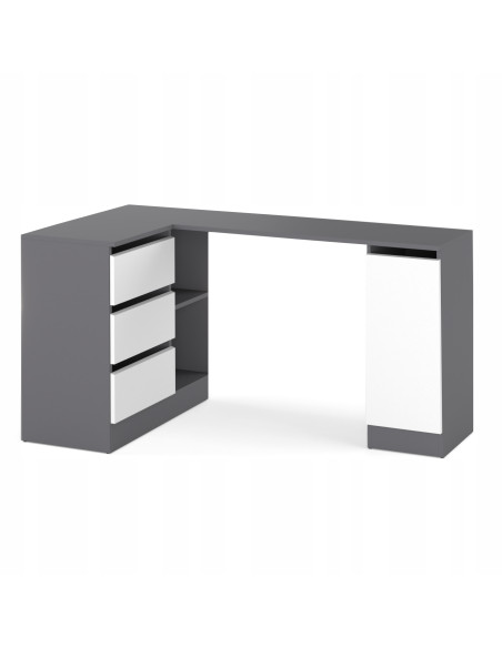 BIURKO NAROŻNE SZUFLADY GRAFIT/ BIAŁY MAT 155x85x78cm BEZUCHWYTOWA BIURO