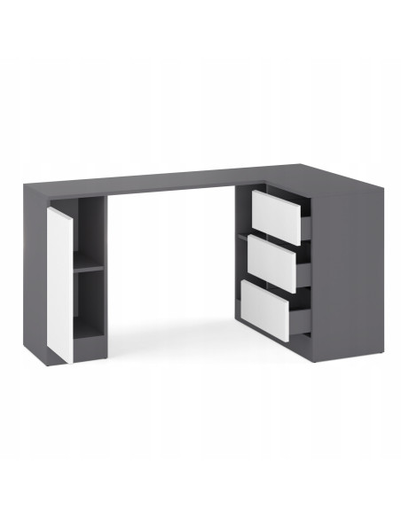 BIURKO NAROŻNE SZUFLADY GRAFIT/ BIAŁY MAT 155x85x78cm BEZUCHWYTOWA BIURO