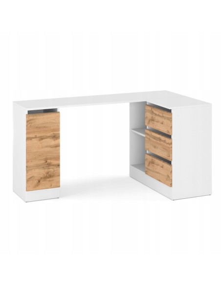 BIURKO NAROŻNE SZUFLADY BIAŁY MAT/ DĄB WOTAN 155x85x78cm BEZUCHWYTOWA BIURO