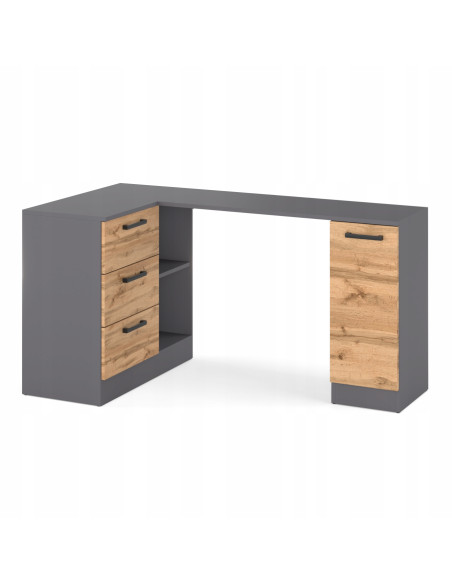 BIURKO NAROŻNE NOWOCZESNE SZUFLADY GRAFIT/ DĄB WOTAN 155x85x78 cm BIURO