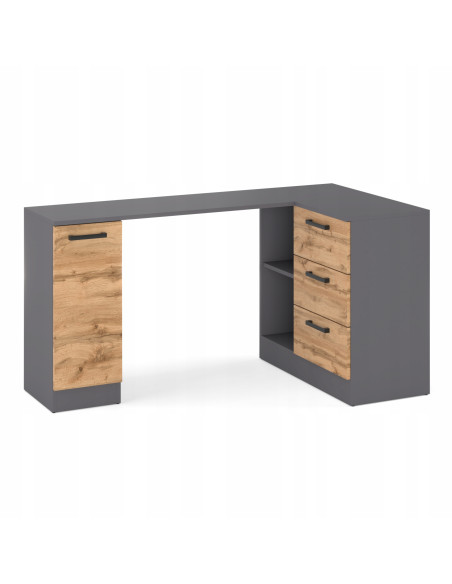 BIURKO NAROŻNE NOWOCZESNE SZUFLADY GRAFIT/ DĄB WOTAN 155x85x78 cm BIURO