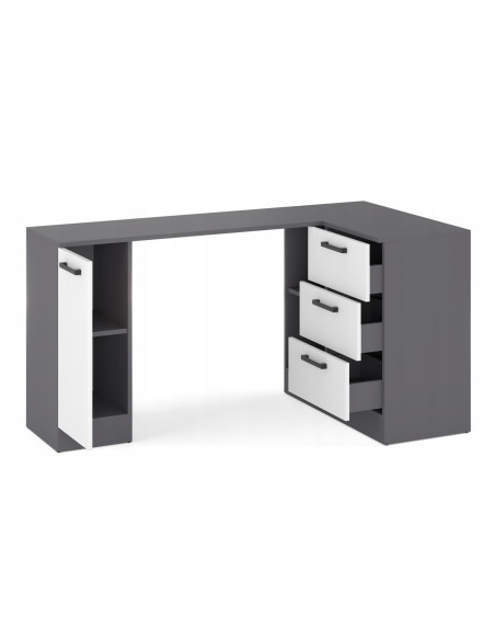 BIURKO NAROŻNE NOWOCZESNE SZUFLADY GRAFIT/BIAŁY MAT 155x85x78 cm BIURO
