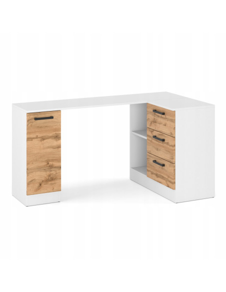 BIURKO NAROŻNE NOWOCZESNE SZUFLADY BIAŁY MAT/ DĄB WOTAN 155x85x78 cm BIURO