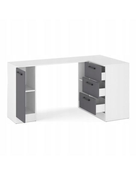 BIURKO NAROŻNE NOWOCZESNE SZUFLADY BIAŁY MAT/GRAFIT 155x85x78 cm BIURO