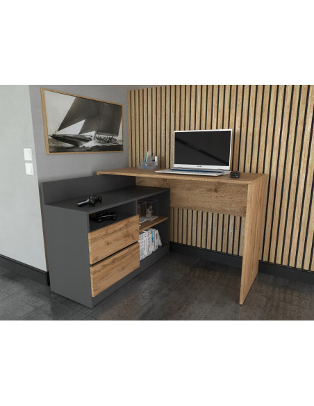 Biurko narożne i komoda zestaw 120x50 dąb wotan mix antracyt K1+B1 POJEMNE