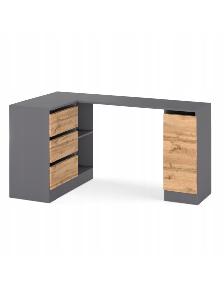 BIURKO NAROŻNE SZUFLADY GRAFIT/ DĄB WOTAN 155x85x78cm BEZUCHWYTOWA BIURO