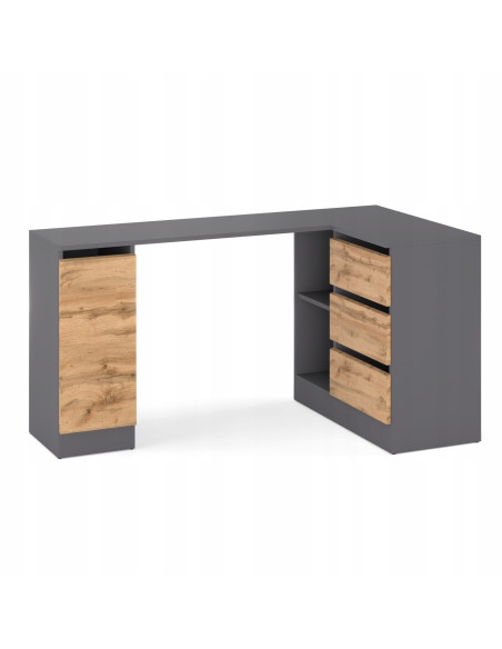 BIURKO NAROŻNE SZUFLADY GRAFIT/ DĄB WOTAN 155x85x78cm BEZUCHWYTOWA BIURO