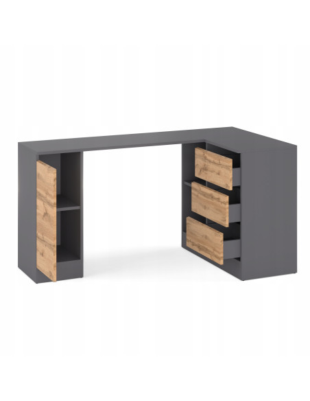 BIURKO NAROŻNE SZUFLADY GRAFIT/ DĄB WOTAN 155x85x78cm BEZUCHWYTOWA BIURO