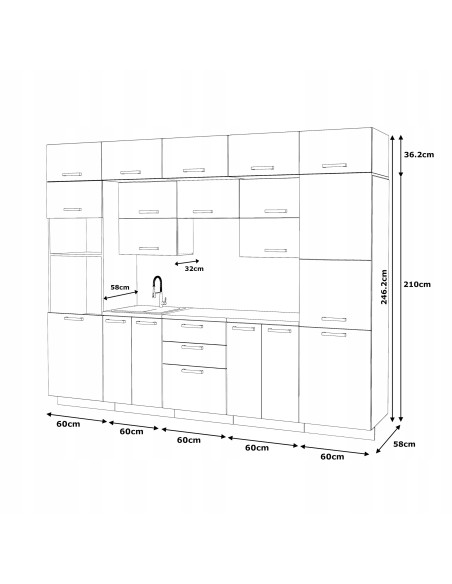 MEBLE KUCHENNE KUCHNIA ZESTAW SŁUPEK PIEKARNIK MIKROFALA 300CM GRAFIT